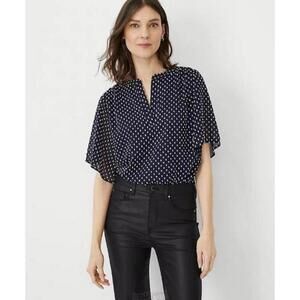NWT Ann Taylor Clip Shirred Split Neck Popover Blouse Navy Blue Dots Size Small